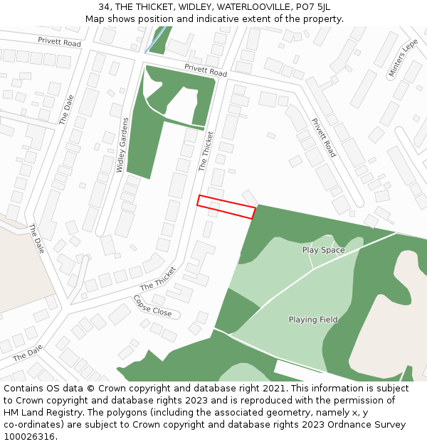 34, THE THICKET, WIDLEY, WATERLOOVILLE, PO7 5JL: Location map and indicative extent of plot