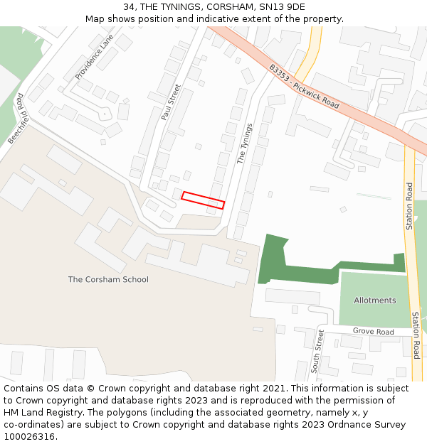 34, THE TYNINGS, CORSHAM, SN13 9DE: Location map and indicative extent of plot