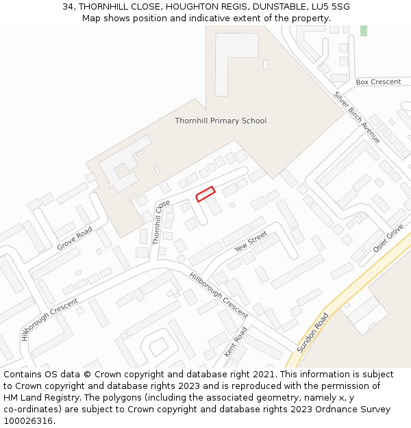 34, THORNHILL CLOSE, HOUGHTON REGIS, DUNSTABLE, LU5 5SG: Location map and indicative extent of plot