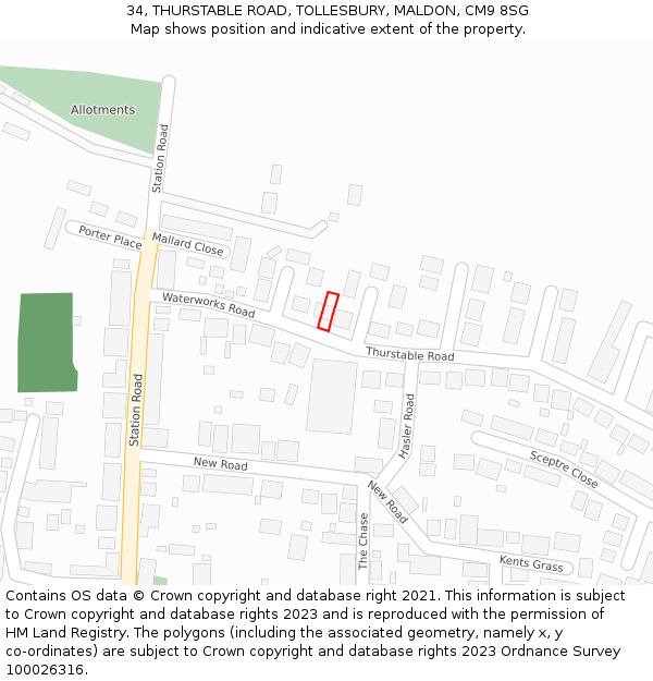 34, THURSTABLE ROAD, TOLLESBURY, MALDON, CM9 8SG: Location map and indicative extent of plot