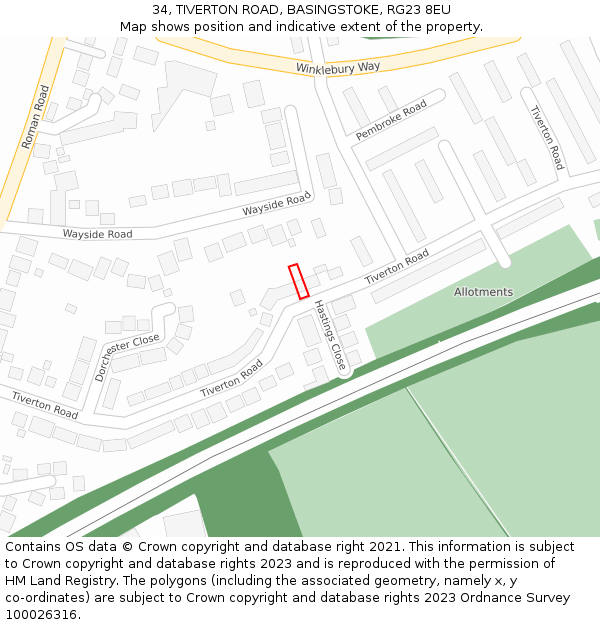 34, TIVERTON ROAD, BASINGSTOKE, RG23 8EU: Location map and indicative extent of plot