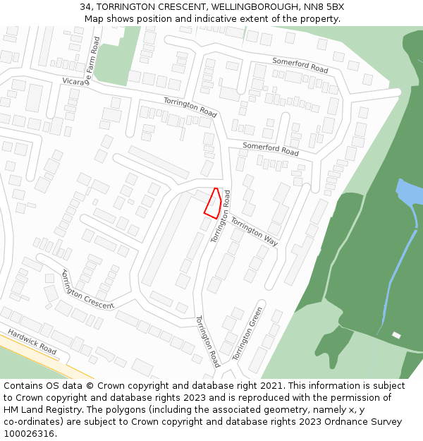 34, TORRINGTON CRESCENT, WELLINGBOROUGH, NN8 5BX: Location map and indicative extent of plot