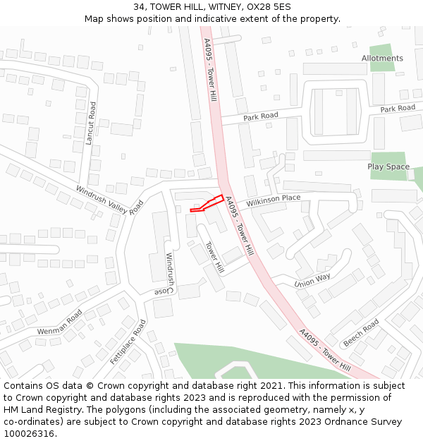 34, TOWER HILL, WITNEY, OX28 5ES: Location map and indicative extent of plot