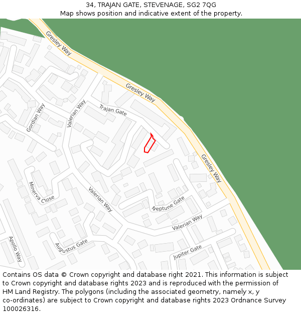 34, TRAJAN GATE, STEVENAGE, SG2 7QG: Location map and indicative extent of plot