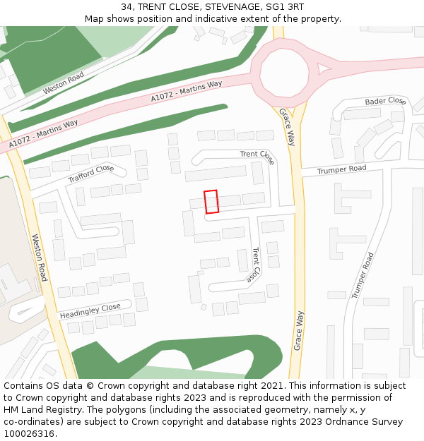 34, TRENT CLOSE, STEVENAGE, SG1 3RT: Location map and indicative extent of plot