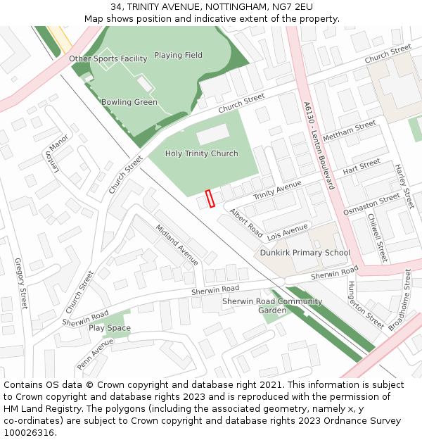 34, TRINITY AVENUE, NOTTINGHAM, NG7 2EU: Location map and indicative extent of plot