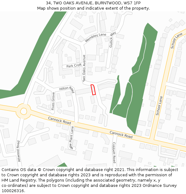 34, TWO OAKS AVENUE, BURNTWOOD, WS7 1FP: Location map and indicative extent of plot