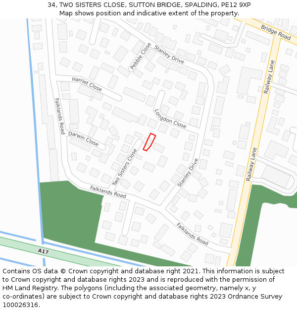 34, TWO SISTERS CLOSE, SUTTON BRIDGE, SPALDING, PE12 9XP: Location map and indicative extent of plot