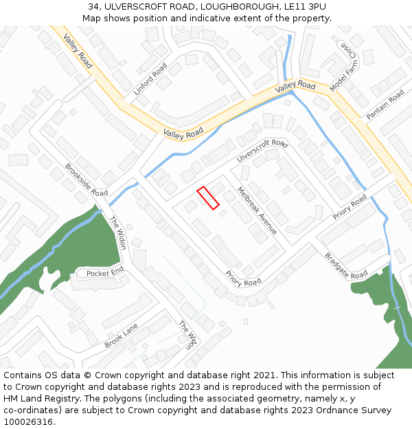 34, ULVERSCROFT ROAD, LOUGHBOROUGH, LE11 3PU: Location map and indicative extent of plot