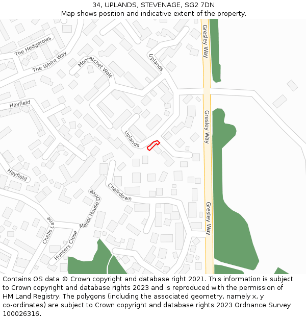 34, UPLANDS, STEVENAGE, SG2 7DN: Location map and indicative extent of plot