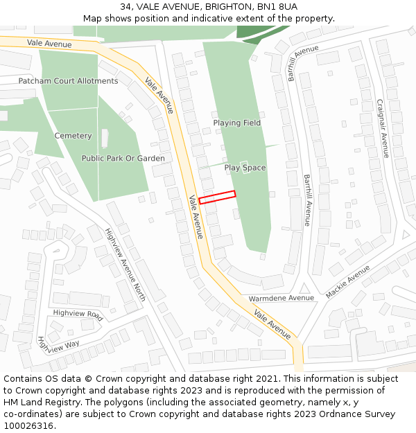 34, VALE AVENUE, BRIGHTON, BN1 8UA: Location map and indicative extent of plot