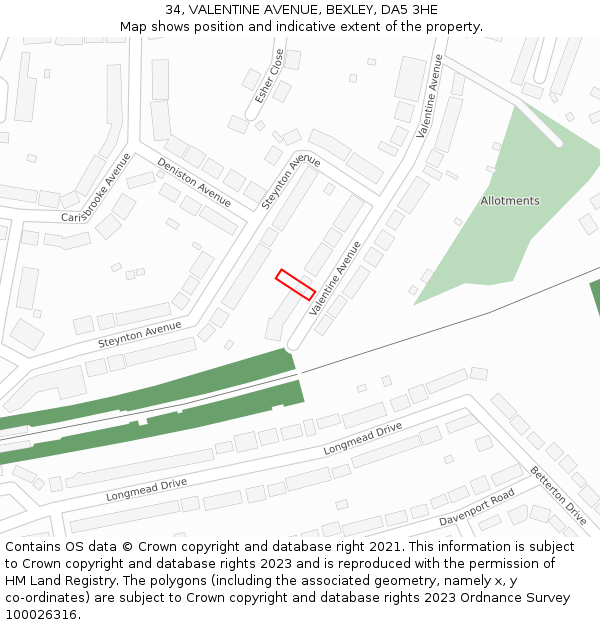 34, VALENTINE AVENUE, BEXLEY, DA5 3HE: Location map and indicative extent of plot