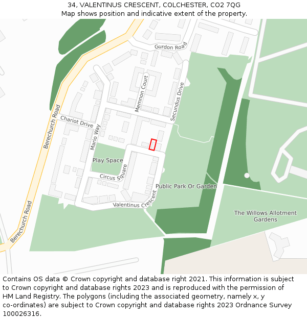 34, VALENTINUS CRESCENT, COLCHESTER, CO2 7QG: Location map and indicative extent of plot