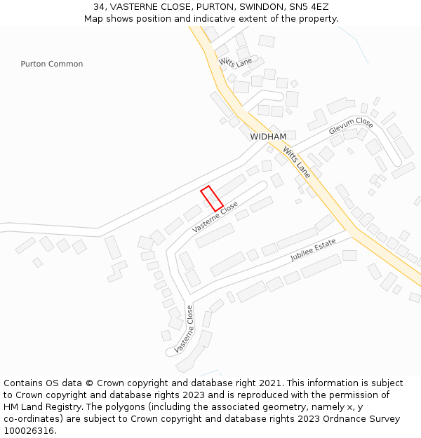 34, VASTERNE CLOSE, PURTON, SWINDON, SN5 4EZ: Location map and indicative extent of plot