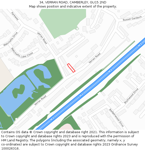 34, VERRAN ROAD, CAMBERLEY, GU15 2ND: Location map and indicative extent of plot