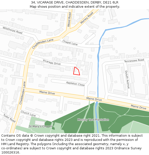 34, VICARAGE DRIVE, CHADDESDEN, DERBY, DE21 6LR: Location map and indicative extent of plot