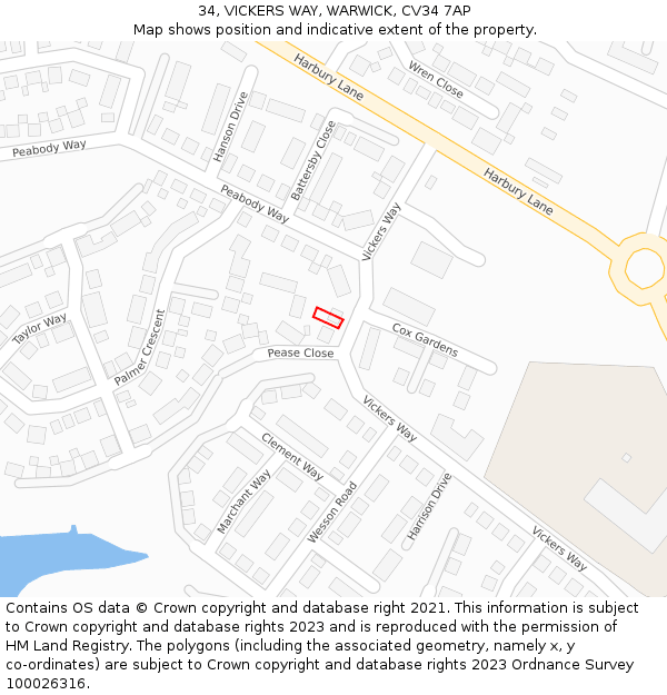 34, VICKERS WAY, WARWICK, CV34 7AP: Location map and indicative extent of plot