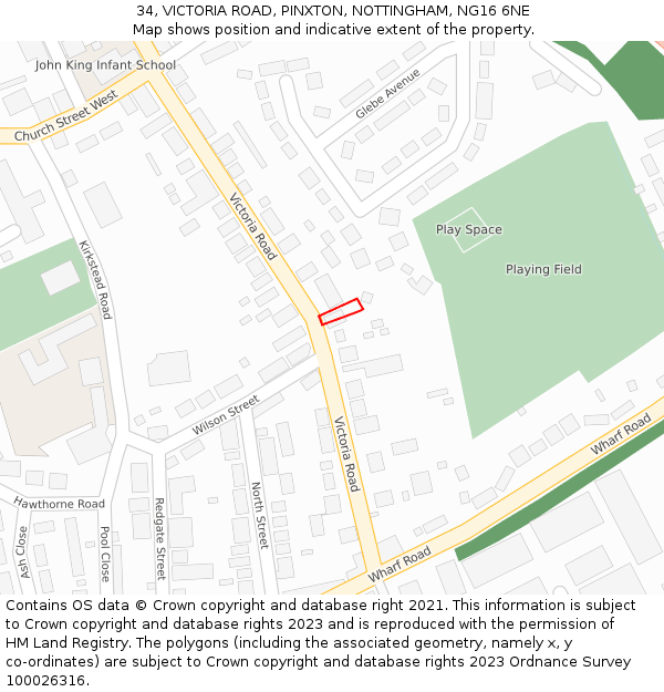 34, VICTORIA ROAD, PINXTON, NOTTINGHAM, NG16 6NE: Location map and indicative extent of plot