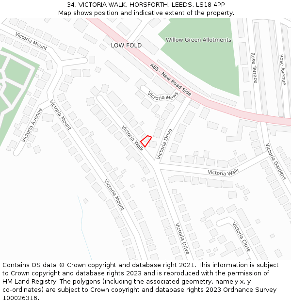 34, VICTORIA WALK, HORSFORTH, LEEDS, LS18 4PP: Location map and indicative extent of plot