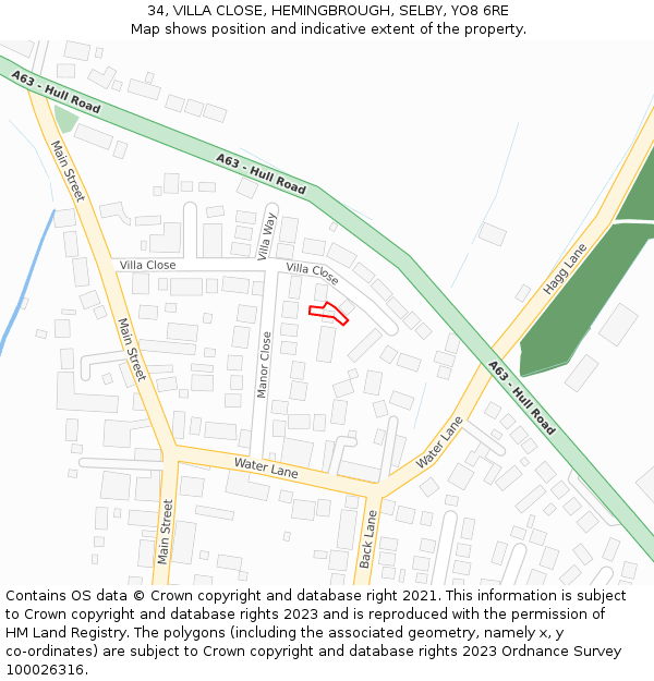 34, VILLA CLOSE, HEMINGBROUGH, SELBY, YO8 6RE: Location map and indicative extent of plot