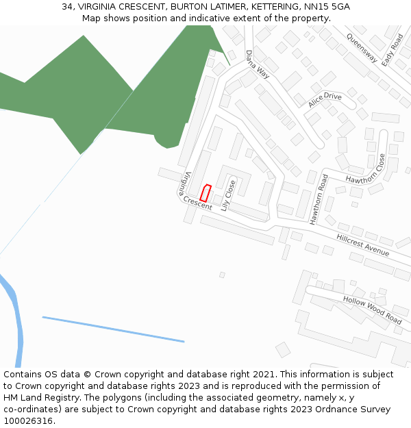 34, VIRGINIA CRESCENT, BURTON LATIMER, KETTERING, NN15 5GA: Location map and indicative extent of plot