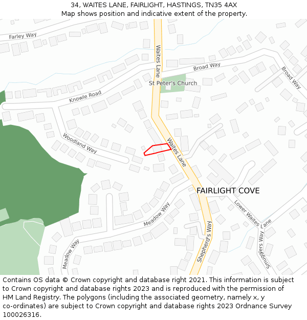 34, WAITES LANE, FAIRLIGHT, HASTINGS, TN35 4AX: Location map and indicative extent of plot