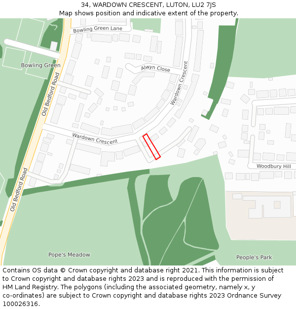 34, WARDOWN CRESCENT, LUTON, LU2 7JS: Location map and indicative extent of plot