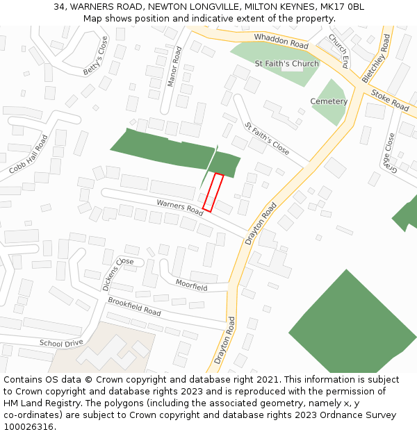 34, WARNERS ROAD, NEWTON LONGVILLE, MILTON KEYNES, MK17 0BL: Location map and indicative extent of plot