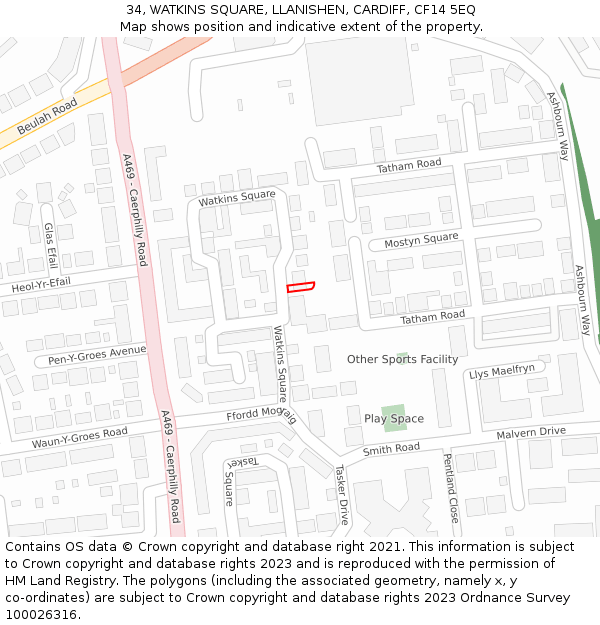 34, WATKINS SQUARE, LLANISHEN, CARDIFF, CF14 5EQ: Location map and indicative extent of plot