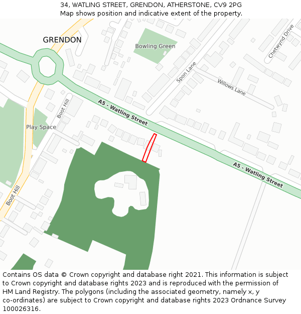 34, WATLING STREET, GRENDON, ATHERSTONE, CV9 2PG: Location map and indicative extent of plot