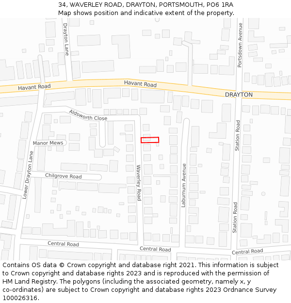 34, WAVERLEY ROAD, DRAYTON, PORTSMOUTH, PO6 1RA: Location map and indicative extent of plot