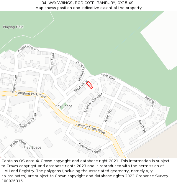34, WAYFARINGS, BODICOTE, BANBURY, OX15 4SL: Location map and indicative extent of plot