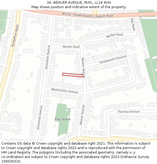 34, WEAVER AVENUE, RHYL, LL18 4HN: Location map and indicative extent of plot