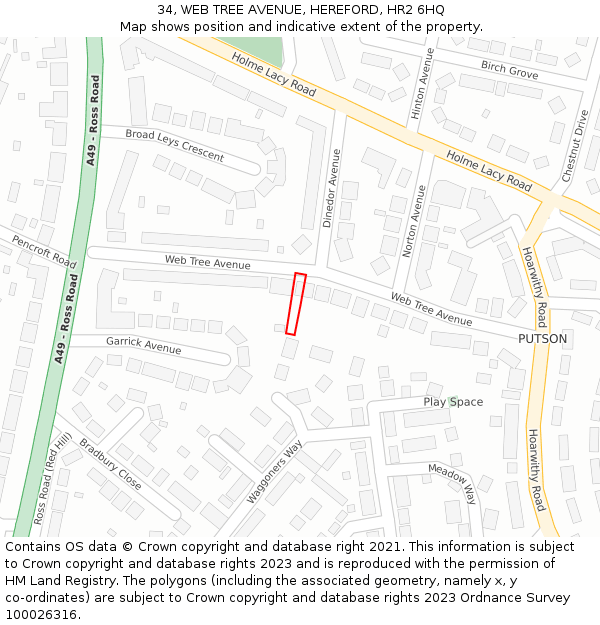 34, WEB TREE AVENUE, HEREFORD, HR2 6HQ: Location map and indicative extent of plot