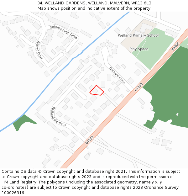 34, WELLAND GARDENS, WELLAND, MALVERN, WR13 6LB: Location map and indicative extent of plot