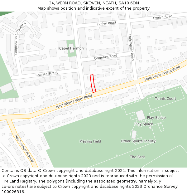 34, WERN ROAD, SKEWEN, NEATH, SA10 6DN: Location map and indicative extent of plot