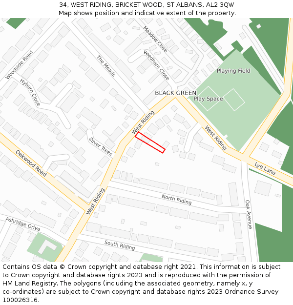 34, WEST RIDING, BRICKET WOOD, ST ALBANS, AL2 3QW: Location map and indicative extent of plot