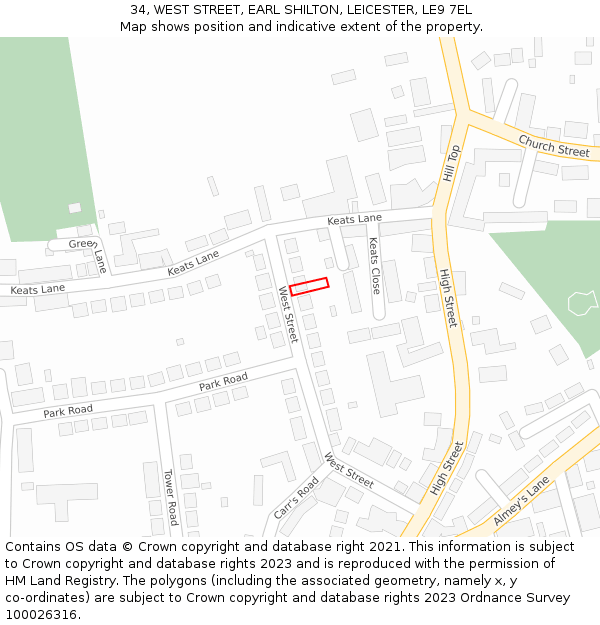 34, WEST STREET, EARL SHILTON, LEICESTER, LE9 7EL: Location map and indicative extent of plot