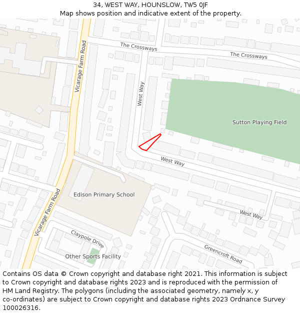 34, WEST WAY, HOUNSLOW, TW5 0JF: Location map and indicative extent of plot