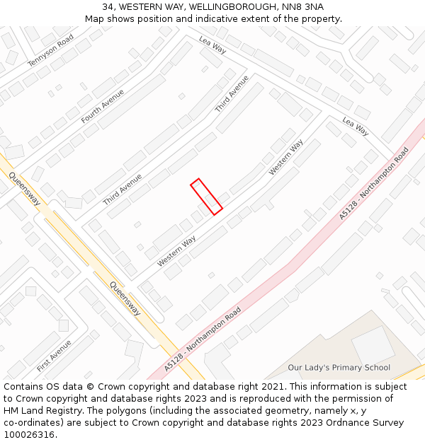 34, WESTERN WAY, WELLINGBOROUGH, NN8 3NA: Location map and indicative extent of plot