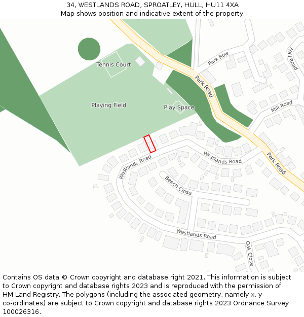34, WESTLANDS ROAD, SPROATLEY, HULL, HU11 4XA: Location map and indicative extent of plot