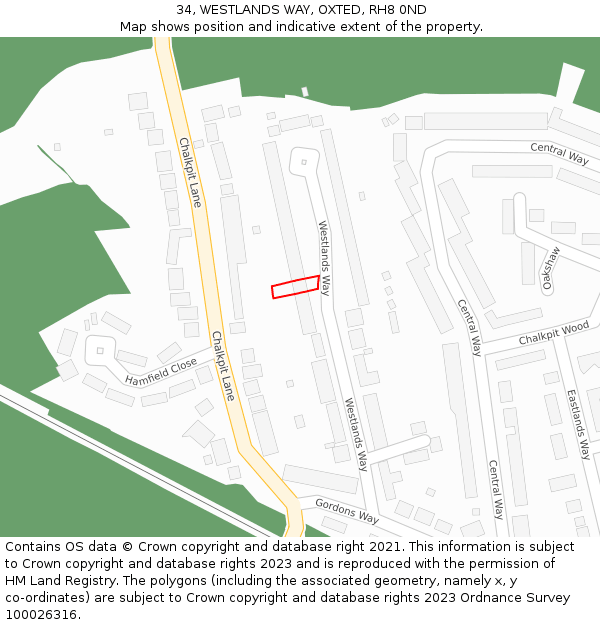 34, WESTLANDS WAY, OXTED, RH8 0ND: Location map and indicative extent of plot