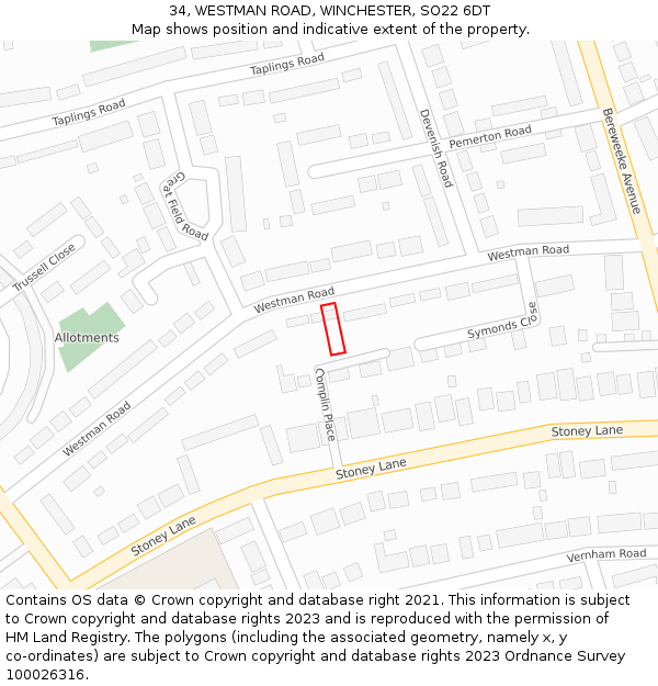 34, WESTMAN ROAD, WINCHESTER, SO22 6DT: Location map and indicative extent of plot