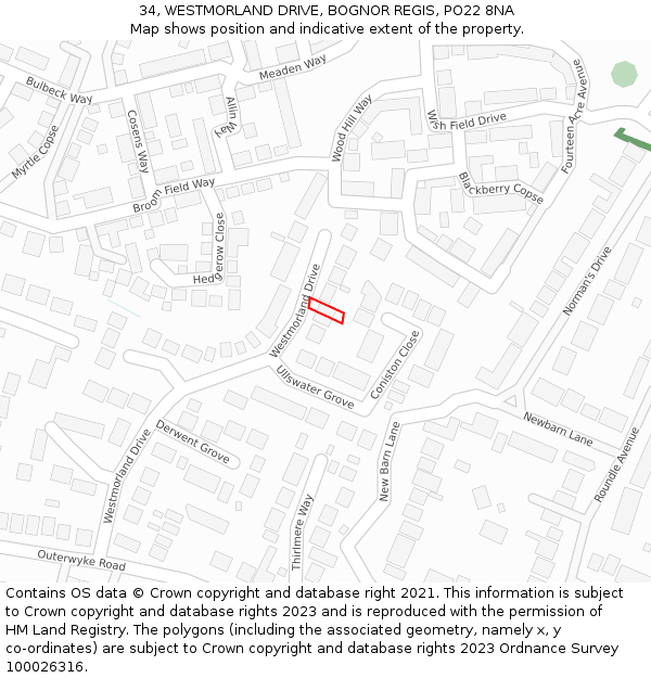 34, WESTMORLAND DRIVE, BOGNOR REGIS, PO22 8NA: Location map and indicative extent of plot