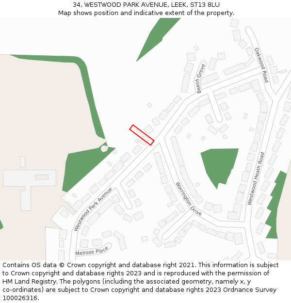 34, WESTWOOD PARK AVENUE, LEEK, ST13 8LU: Location map and indicative extent of plot