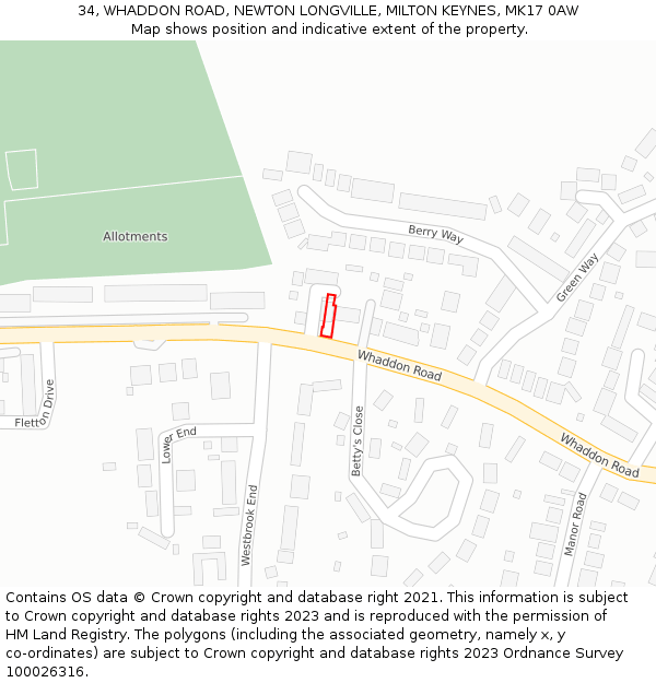 34, WHADDON ROAD, NEWTON LONGVILLE, MILTON KEYNES, MK17 0AW: Location map and indicative extent of plot