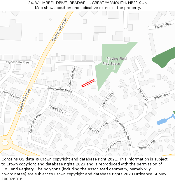 34, WHIMBREL DRIVE, BRADWELL, GREAT YARMOUTH, NR31 9UN: Location map and indicative extent of plot