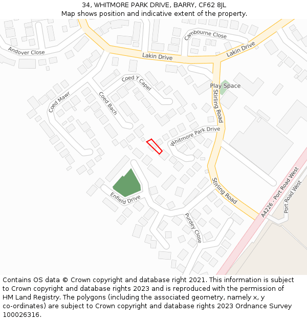 34, WHITMORE PARK DRIVE, BARRY, CF62 8JL: Location map and indicative extent of plot