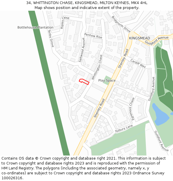 34, WHITTINGTON CHASE, KINGSMEAD, MILTON KEYNES, MK4 4HL: Location map and indicative extent of plot