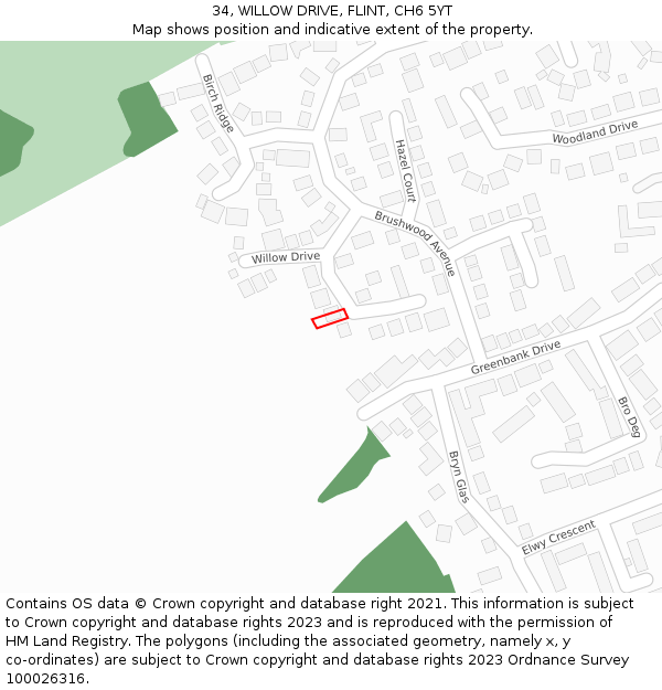 34, WILLOW DRIVE, FLINT, CH6 5YT: Location map and indicative extent of plot